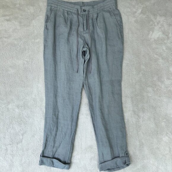 Cynthia Rowley 100% Linen Gray Capri Cuffed Pants Zipper Drawstring Size 4 28x27 - Picture 1 of 9